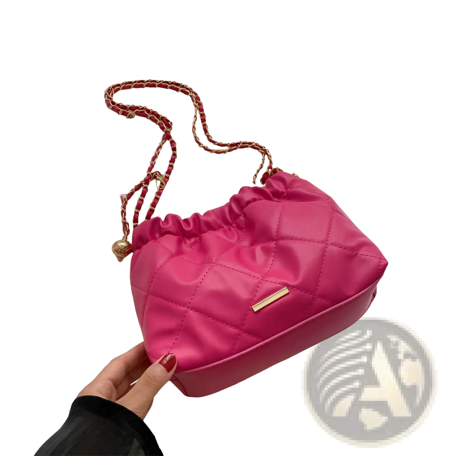 Vibrant pink quilted faux leather crossbody bag with red and gold chain strap for stylish everyday use