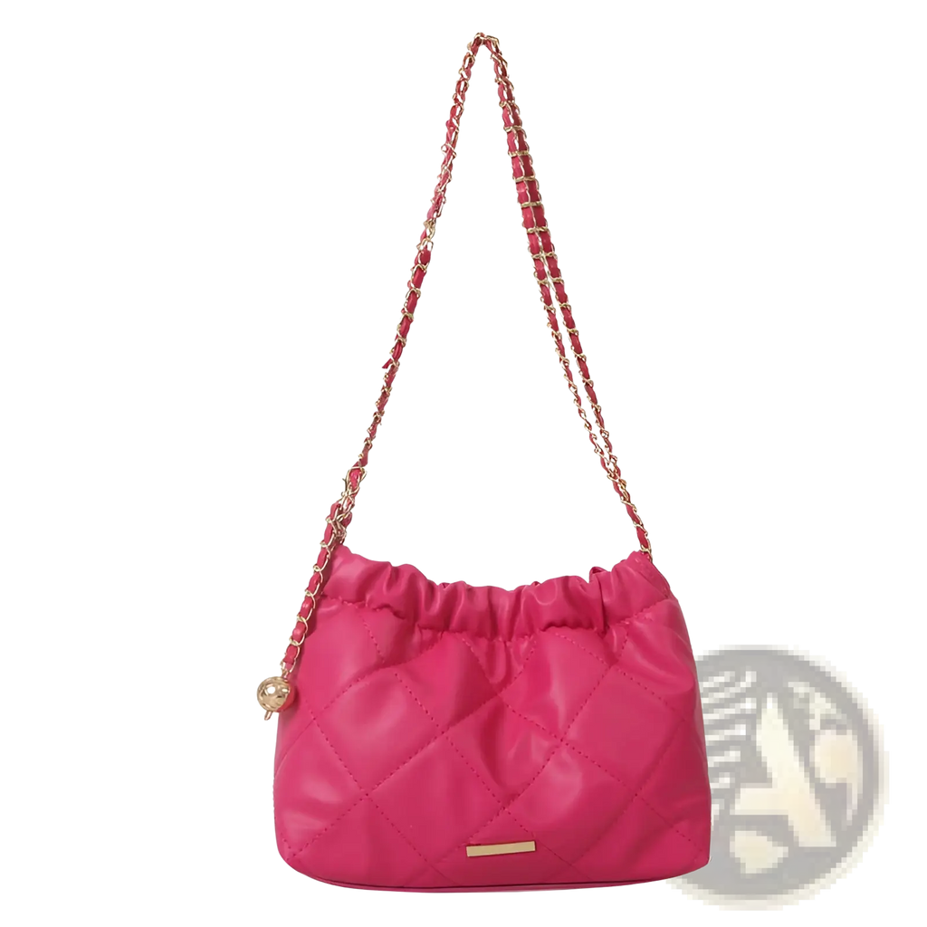 Fuchsia quilted faux leather crossbody bag with a chain strap and gold-tone hardware for shoulder wear