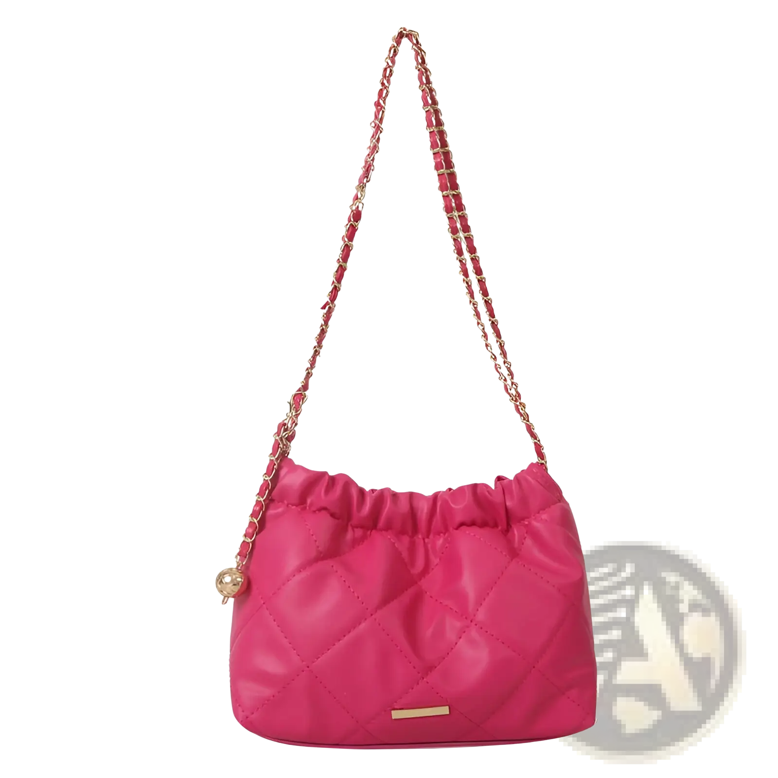 Fuchsia quilted faux leather crossbody bag with a chain strap and gold-tone hardware for shoulder wear