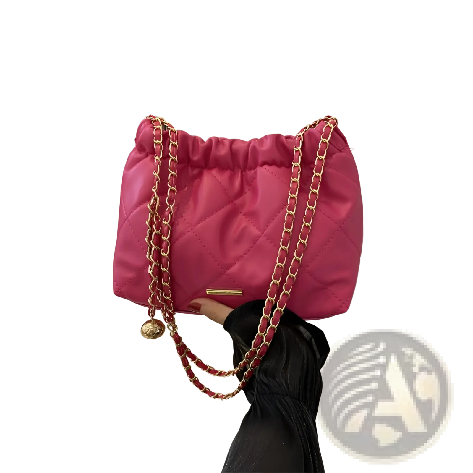 Vibrant pink quilted faux leather crossbody bag with gold-tone chain straps and decorative golden ball charm