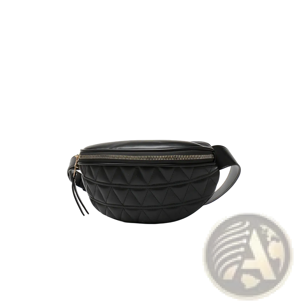 Black quilted faux leather waist bag for women with gold-tone zipper and adjustable strap