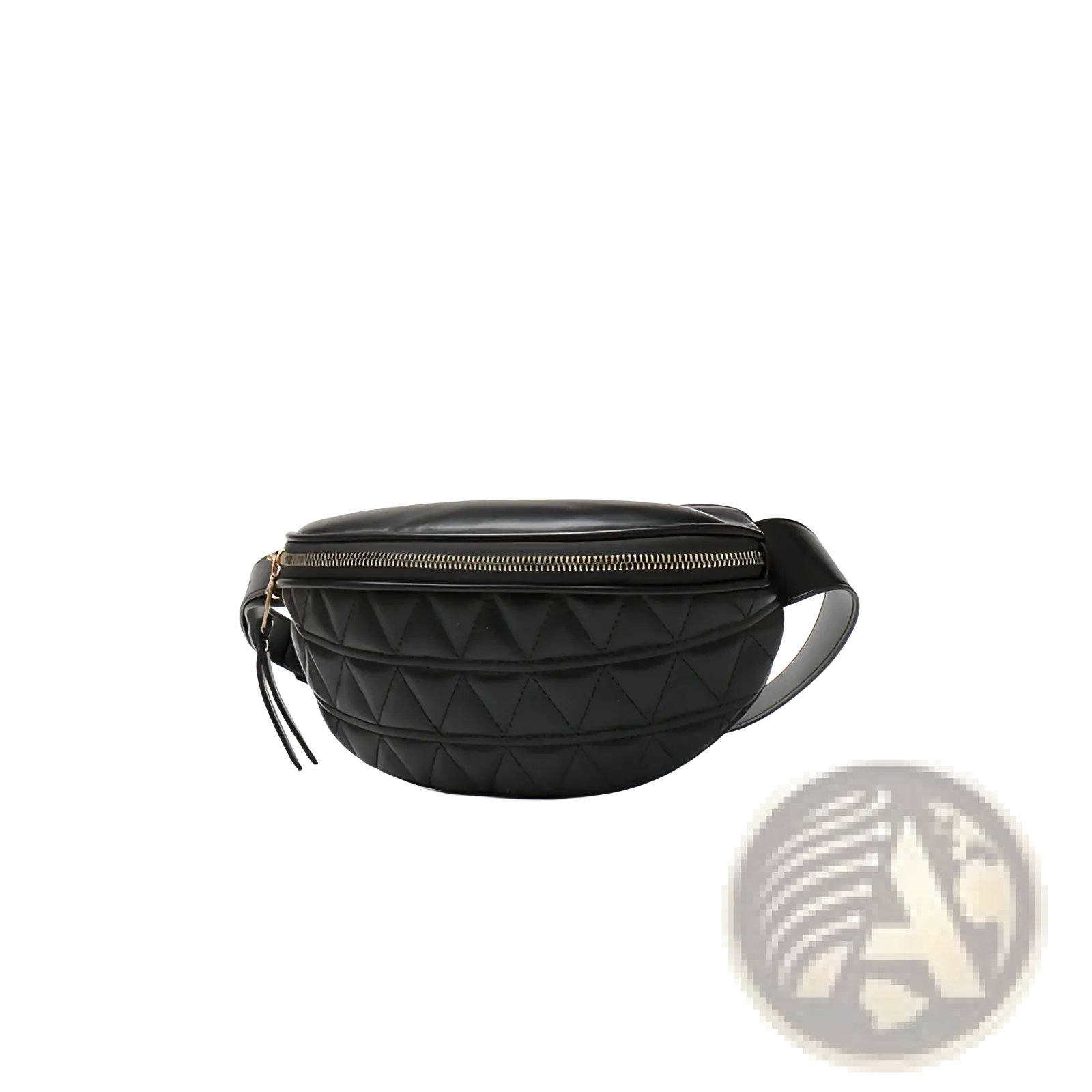 Black quilted faux leather waist bag for women with gold-tone zipper and adjustable strap