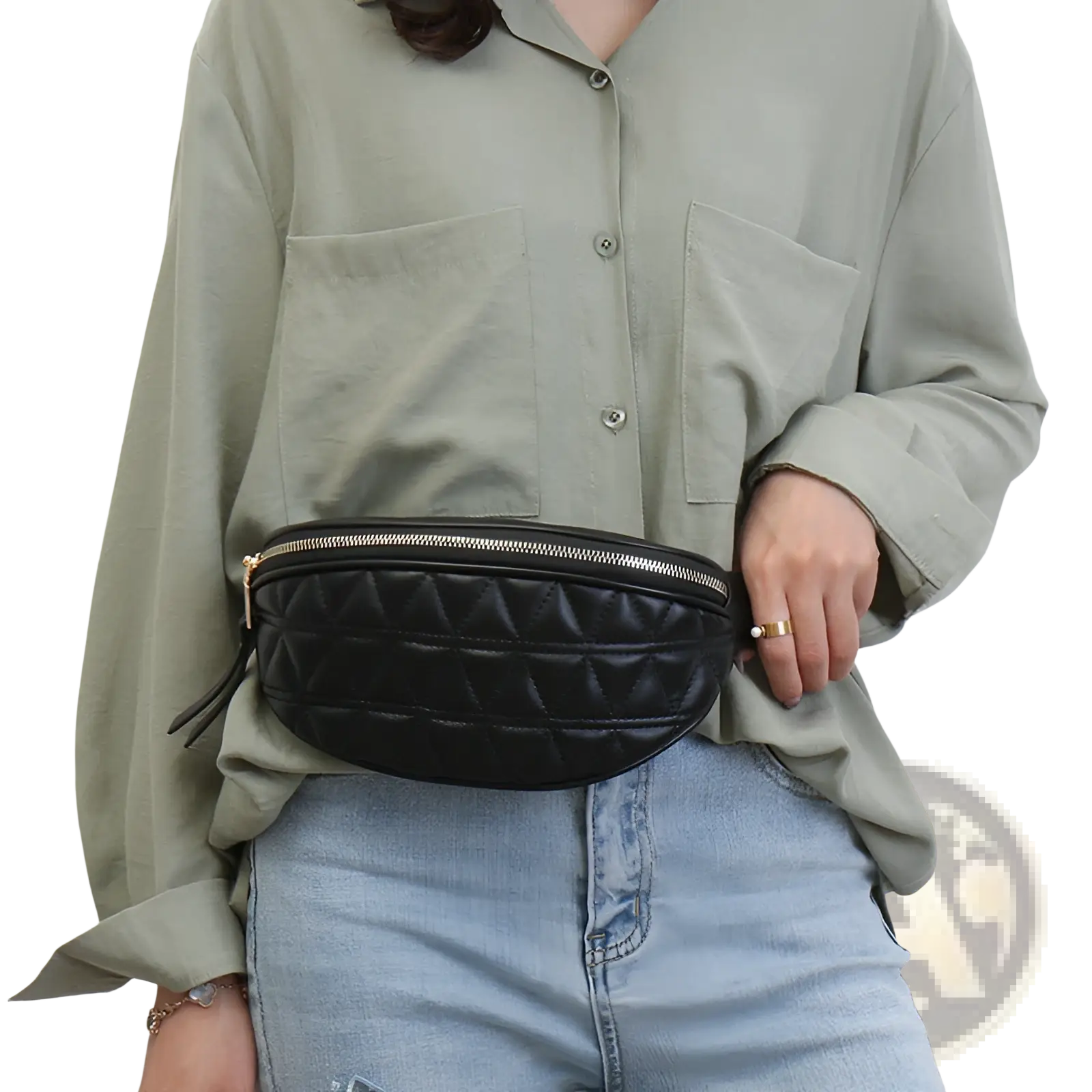 Black quilted faux leather waist bag for women with gold-tone zipper and pull tab for stylish convenience
