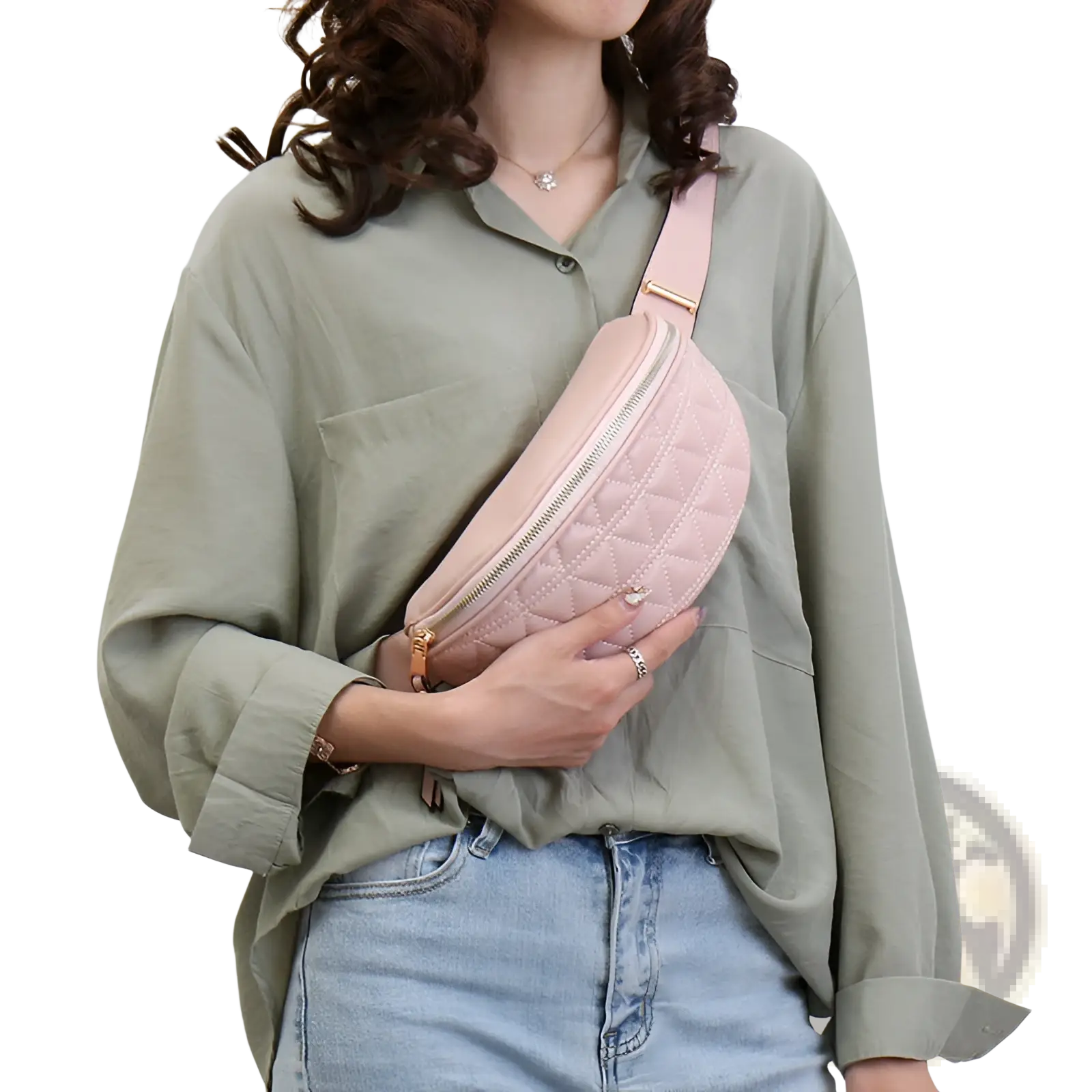 A soft pink quilted faux leather waist bag for women with gold-tone zipper and strap hardware