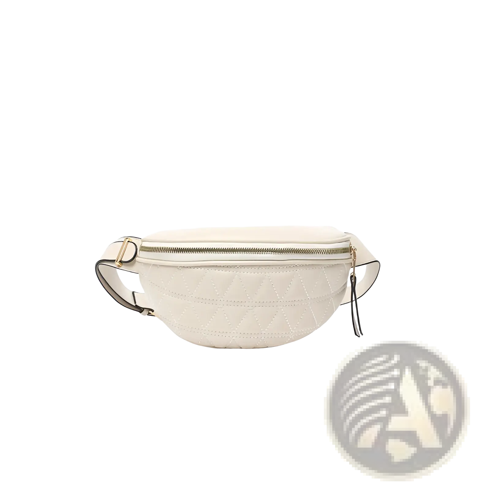 Cream-colored quilted faux leather waist bag for women with gold-tone zipper and black trim
