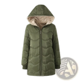 Olive green quilted fleece lined winter hooded jacket with plush beige lining for cold weather protection