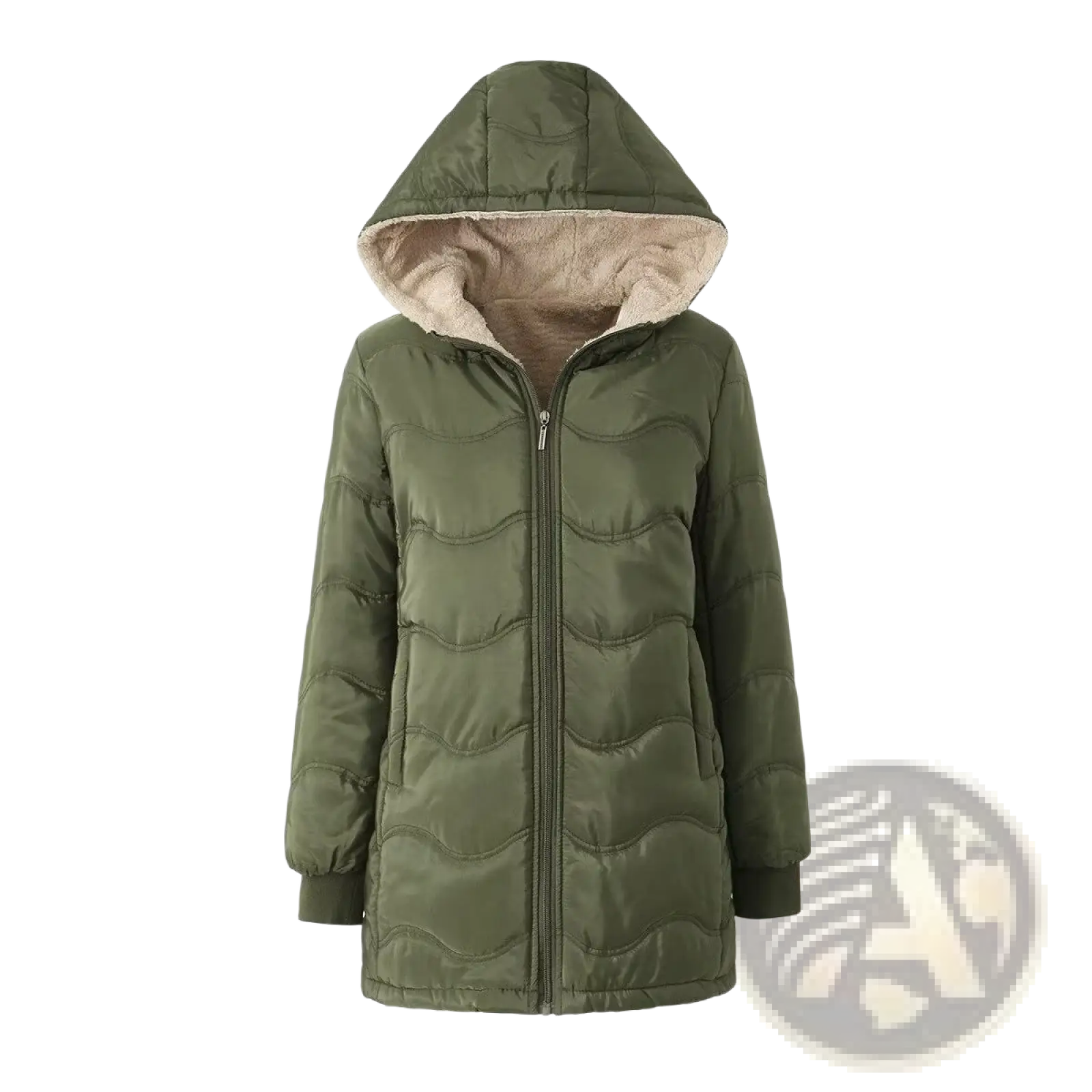 Olive green quilted fleece lined winter hooded jacket with plush beige lining for cold weather protection