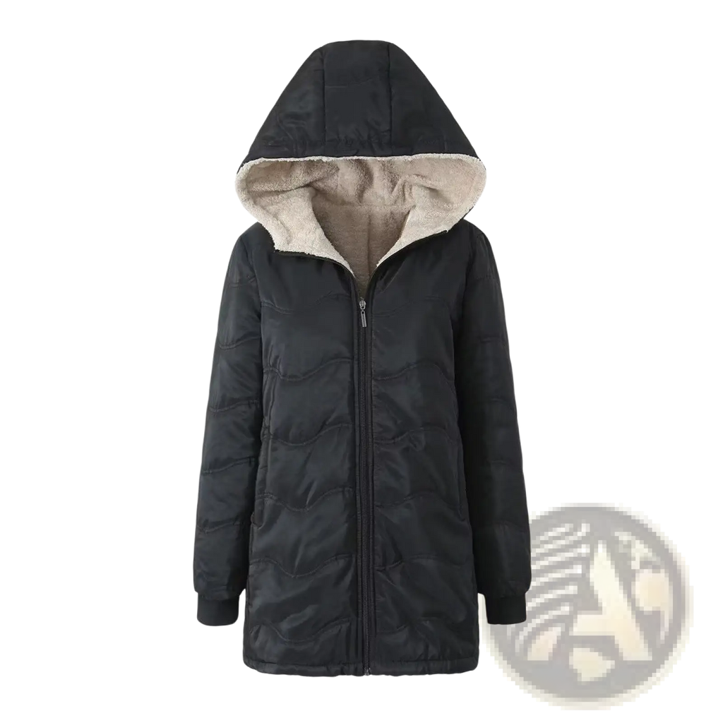 Black quilted winter hooded jacket with plush beige fleece lining for warmth and comfort