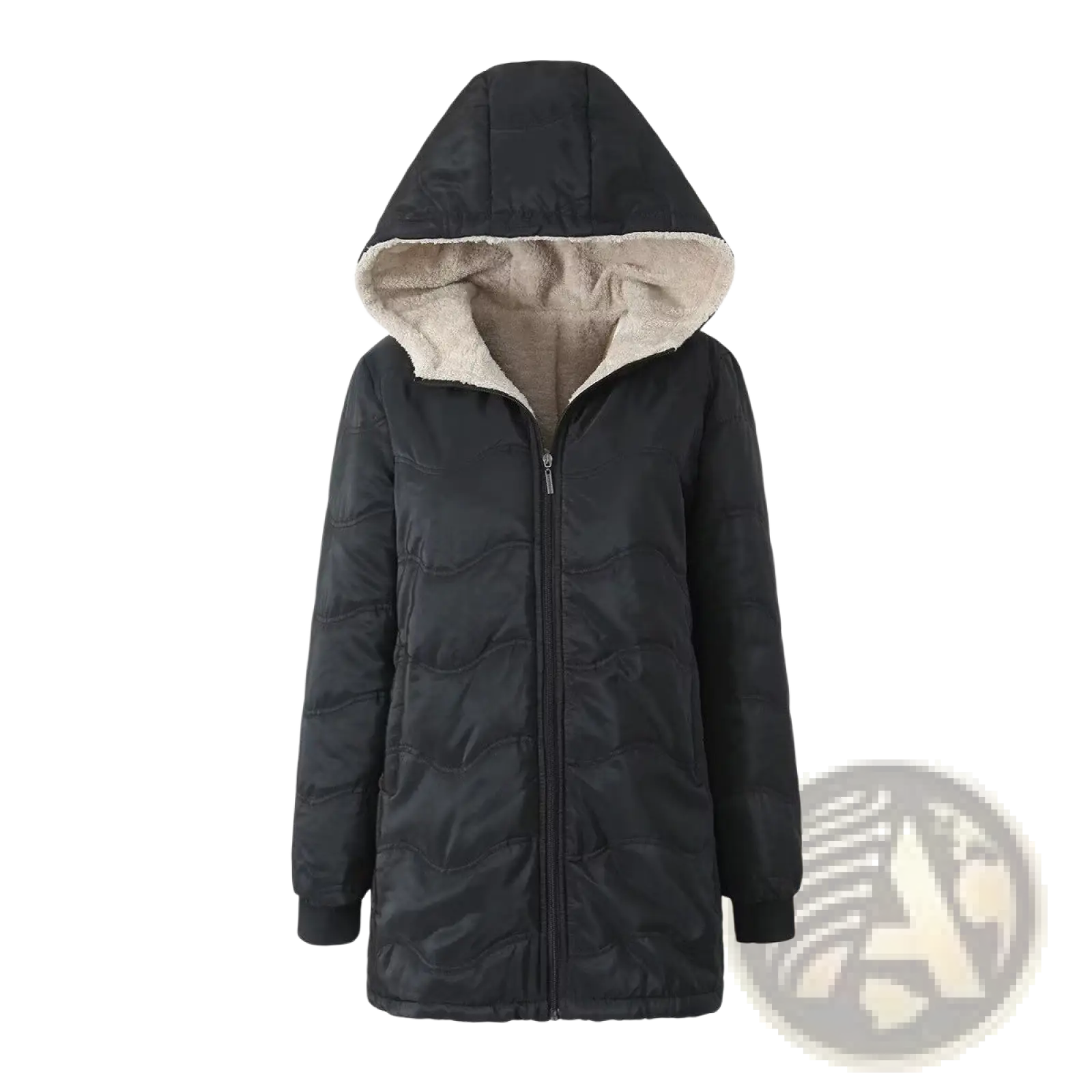 Black quilted winter hooded jacket with plush beige fleece lining for warmth and comfort