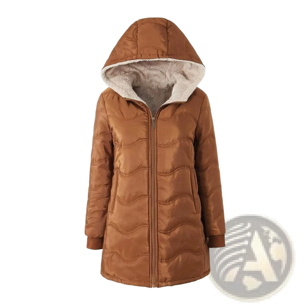 Brown quilted winter hooded jacket with soft light-colored fleece lining for warmth and comfort