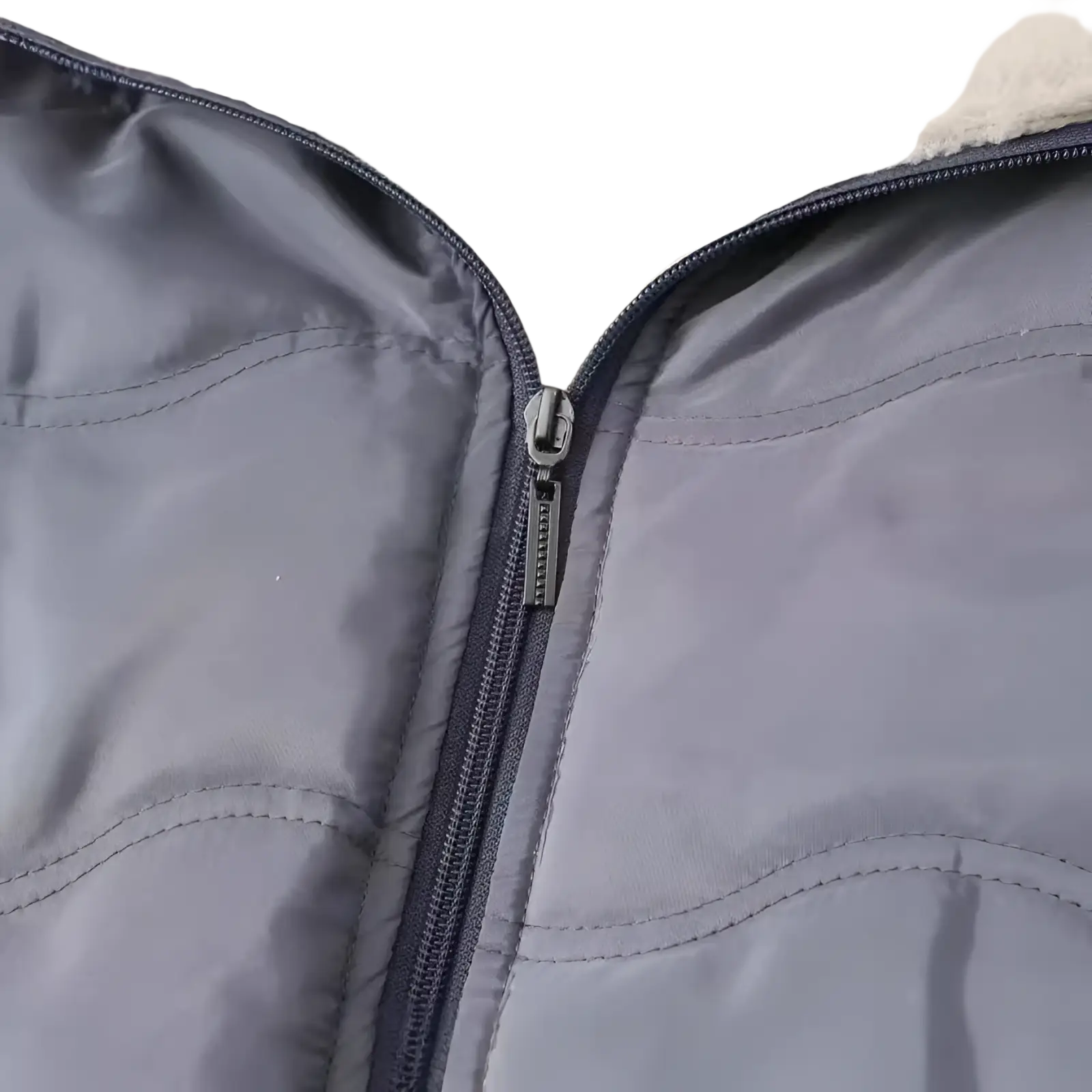 Gray quilted fleece lined winter hooded jacket with cream plush lining and metallic zipper for cold weather use