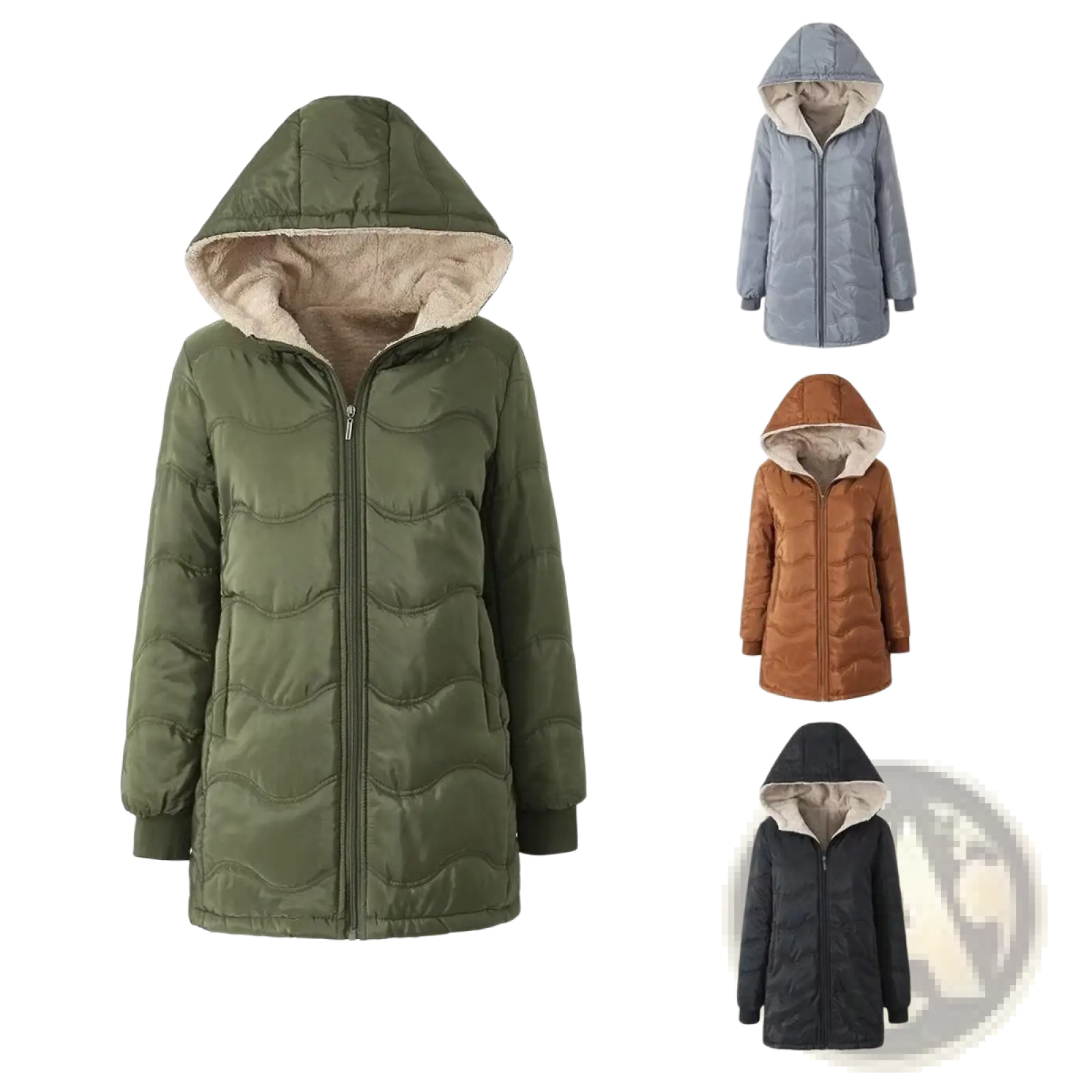 Olive green quilted fleece lined winter hooded jacket with plush beige interior for cold weather wear