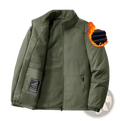 Army green quilted fleece stand collar sports jacket with half-zip puffer design and warm fleece lining