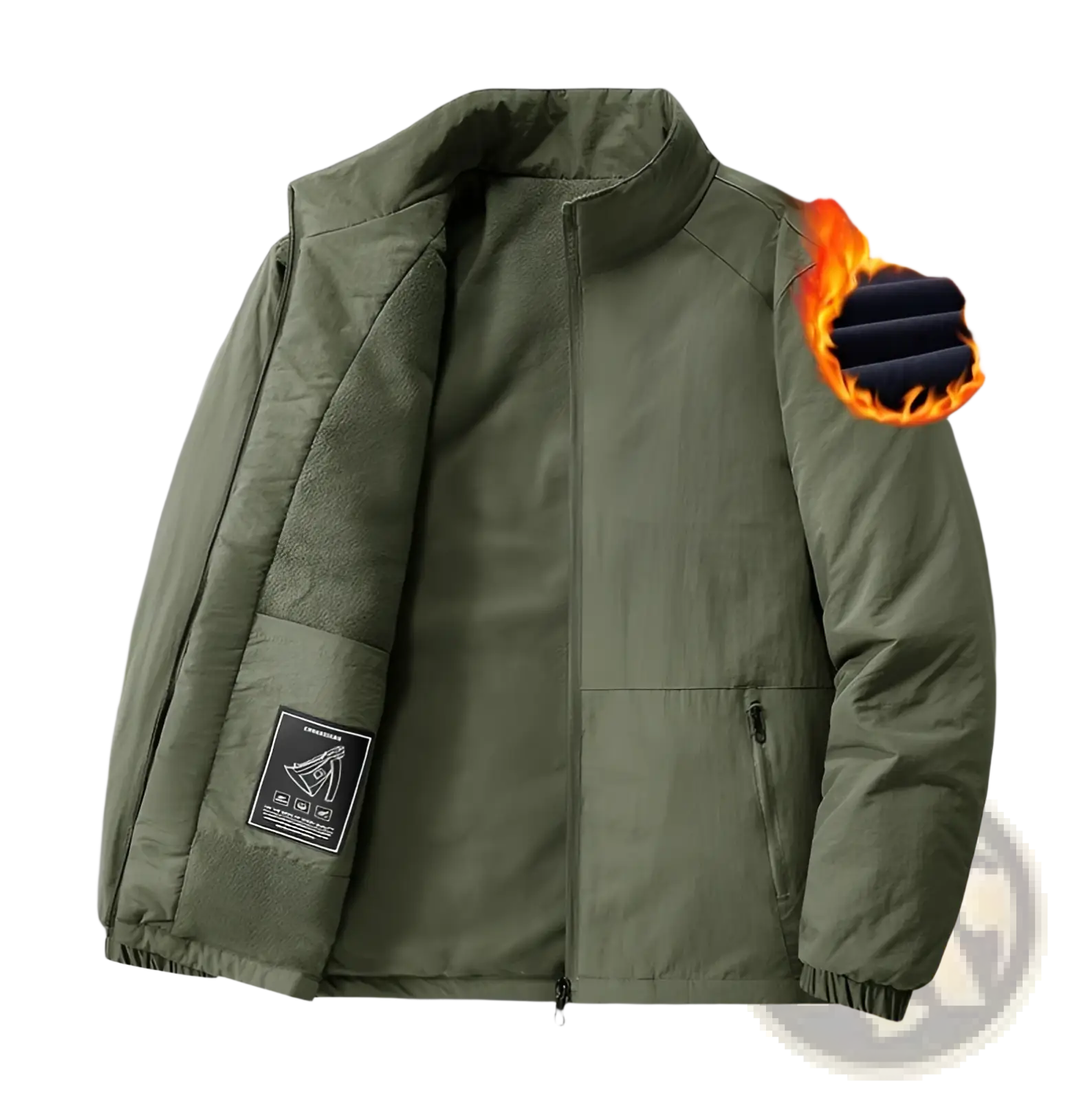 Army green quilted fleece stand collar sports jacket with half-zip puffer design and warm fleece lining