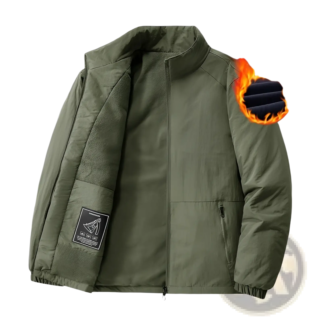 Army green quilted fleece stand collar sports jacket with half-zip puffer design and insulated lining