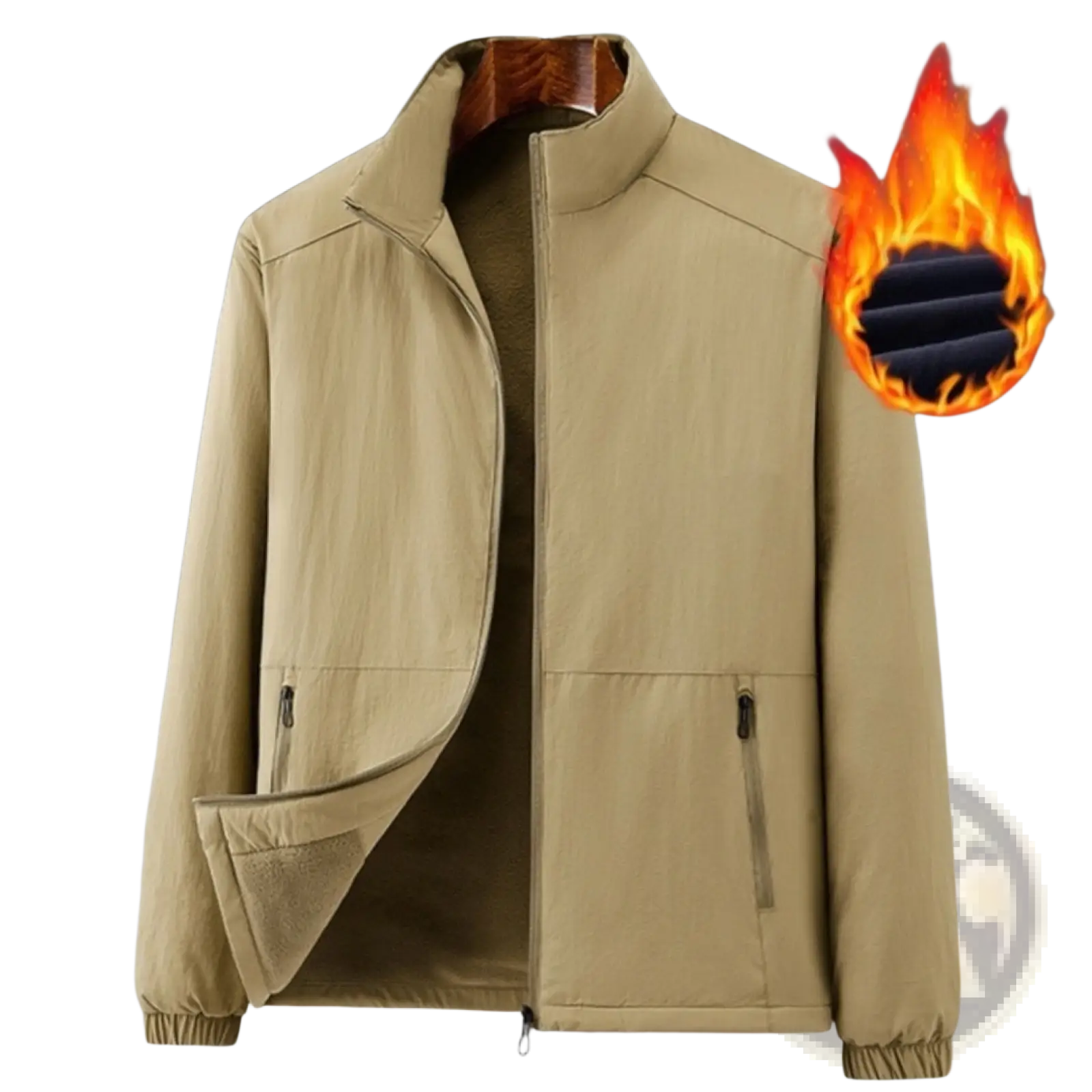 Beige quilted fleece insulated sports jacket with stand collar and zippered pockets for outdoor activities