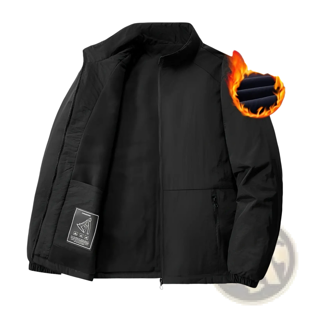Black quilted fleece stand collar sports jacket with half-zip insulated exterior and plush fleece interior with elastic cuffs