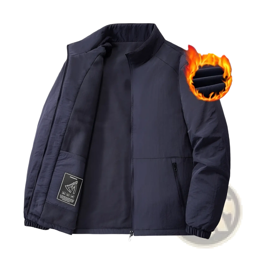 Dark blue quilted fleece stand collar sports jacket with half-zip insulated design and zippered pockets