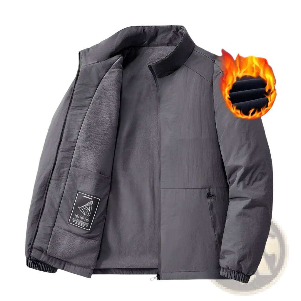 Gray half-zip quilted fleece stand collar sports jacket with thermal insulation flame graphic and fleece lining