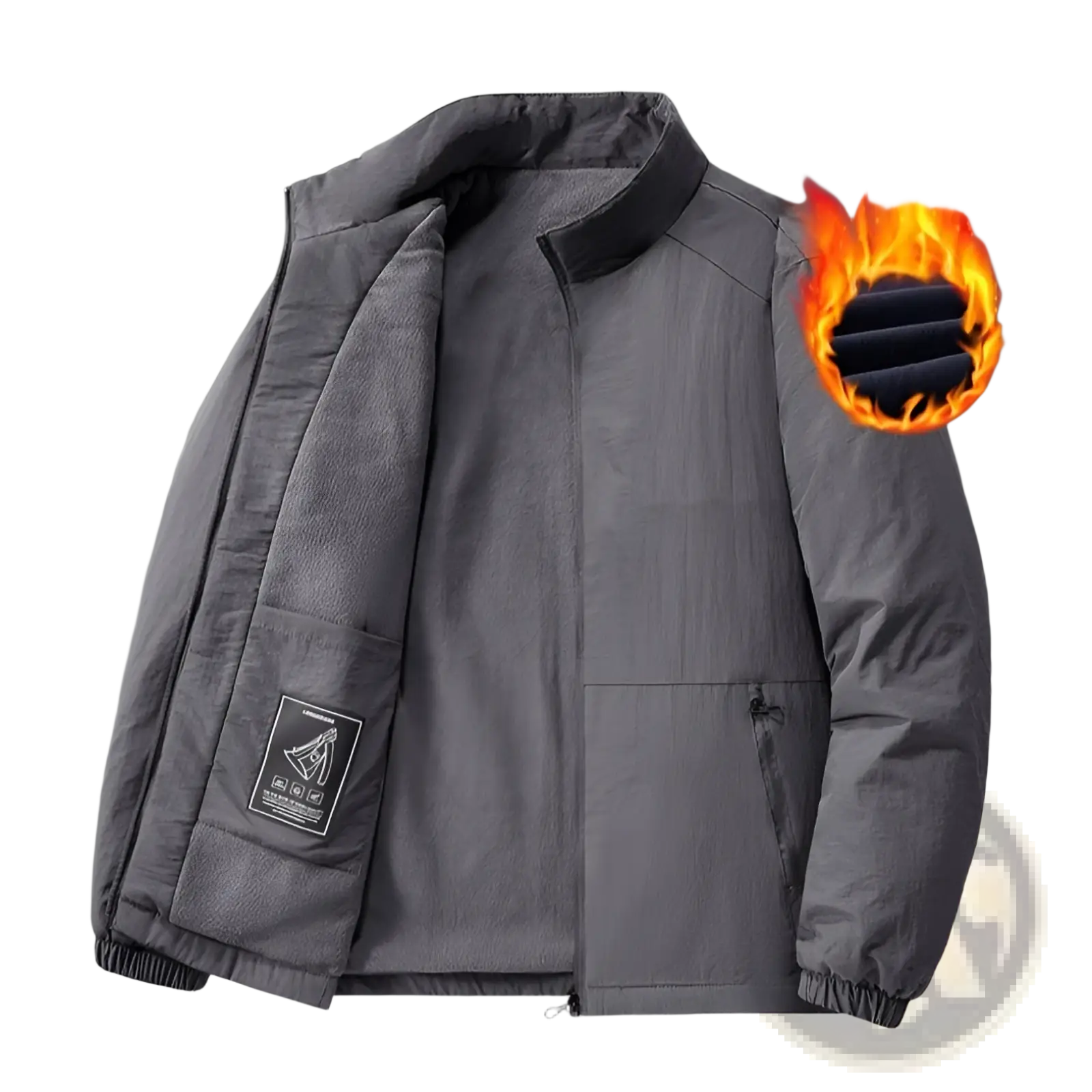 Gray half-zip quilted fleece stand collar sports jacket with thermal insulation flame graphic and fleece lining