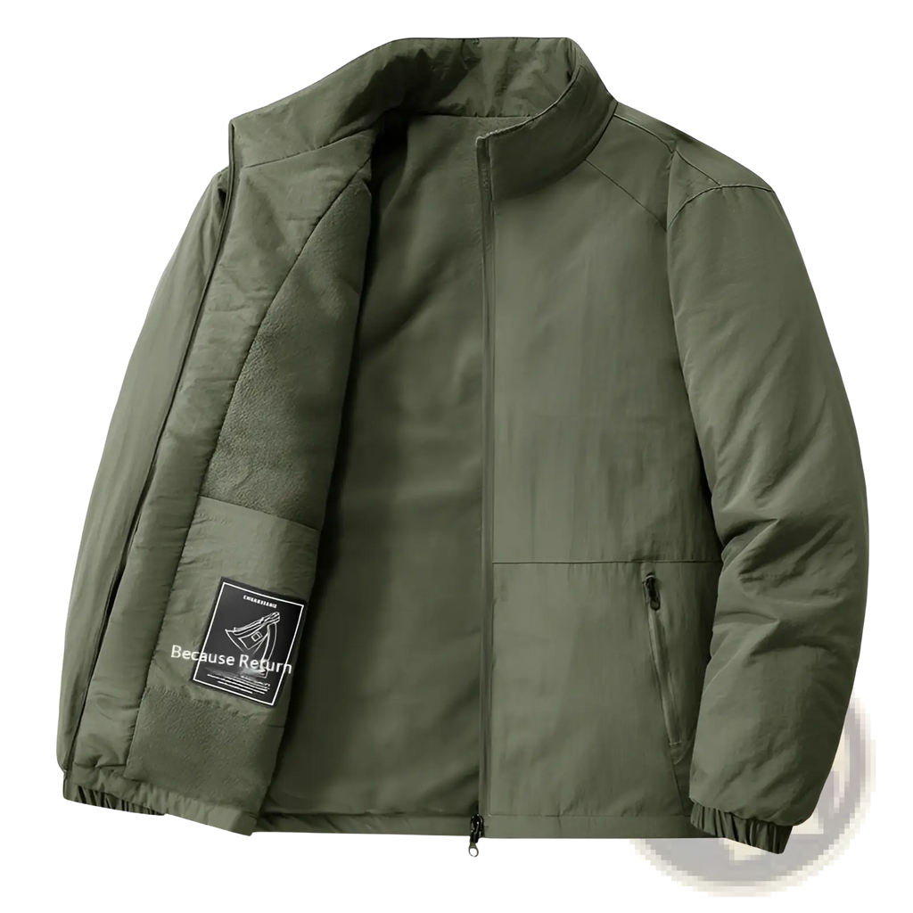 Olive green quilted fleece stand collar sports jacket with fleece lined collar and interior and elastic cuffs