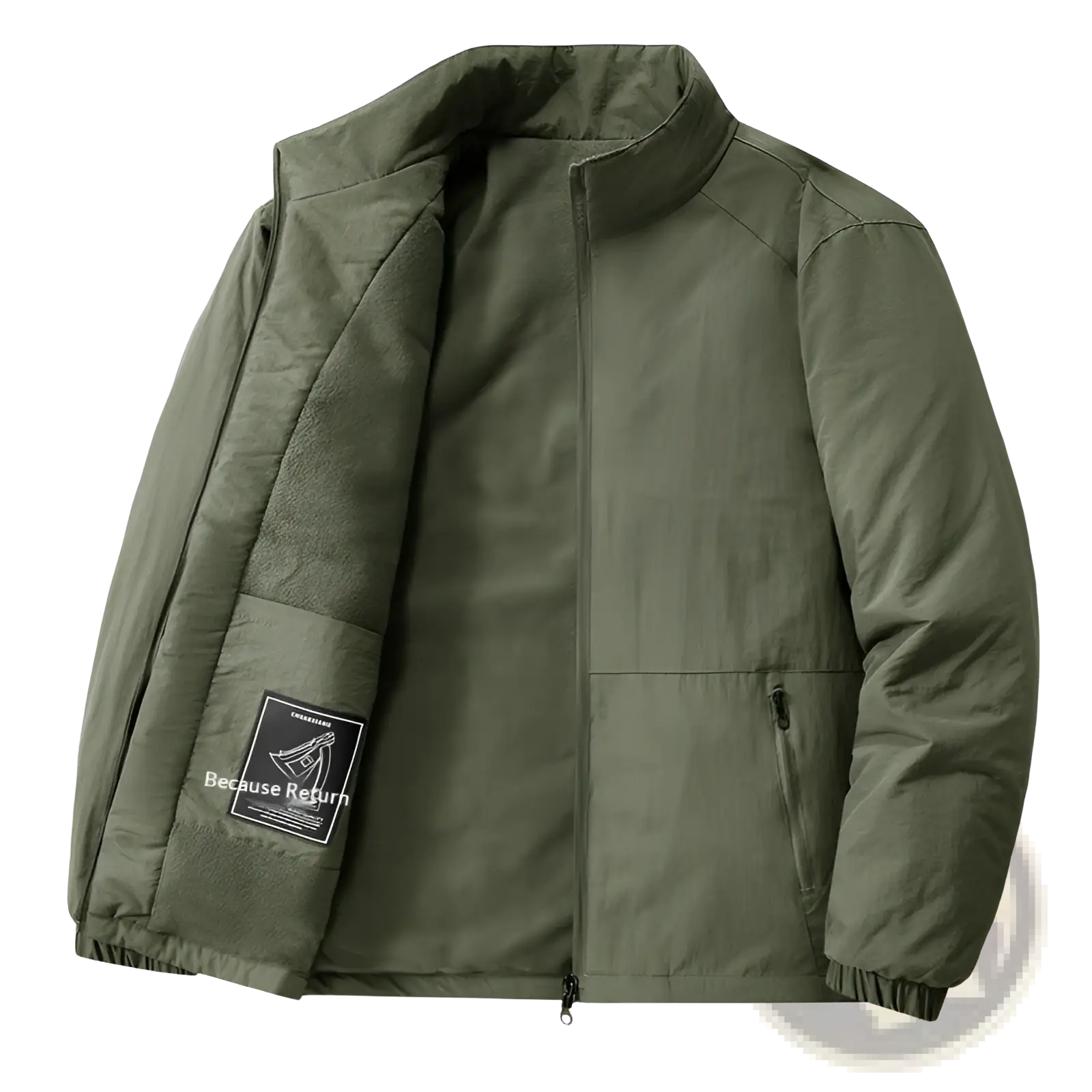 Olive green quilted fleece stand collar sports jacket with fleece lined collar and interior and elastic cuffs