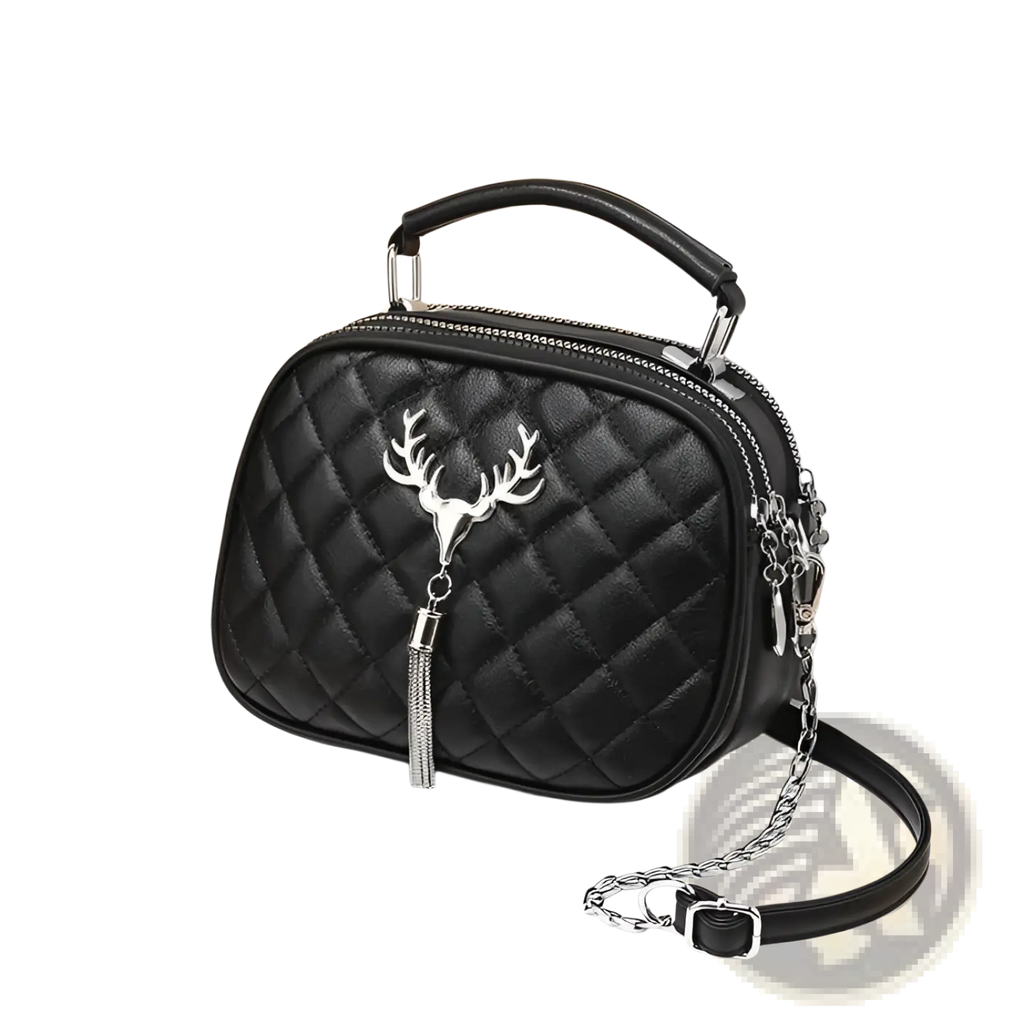 Black quilted leather handbag with silver deer head charm tassel and silver hardware chain strap for elegant use
