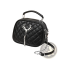 Black quilted leather handbag with silver deer head charm tassel and silver hardware chain strap for elegant use