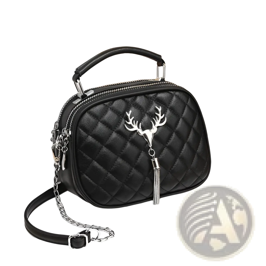 Black quilted leather handbag with silver deer head charm tassel and silver hardware chain strap for stylish use