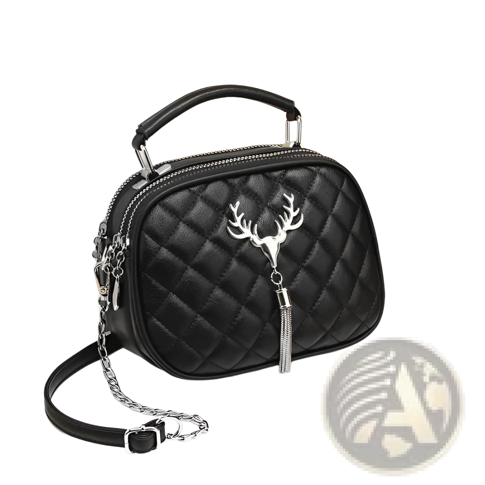 Black quilted leather handbag with silver deer head charm tassel and silver hardware chain strap for stylish use