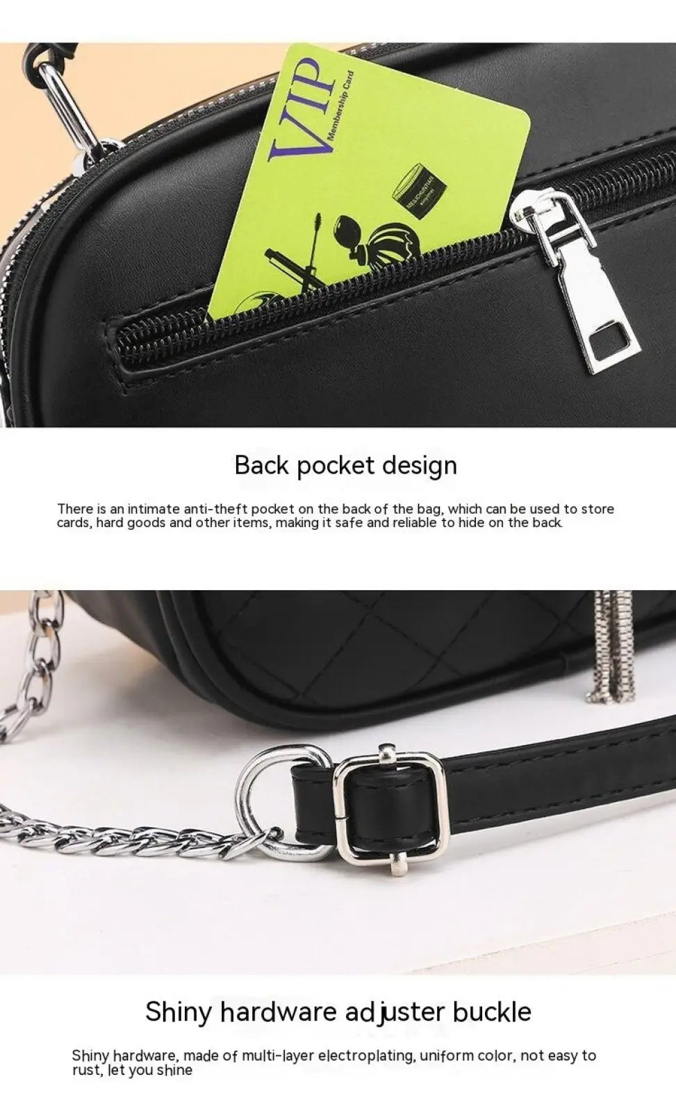 Black quilted handbag featuring shiny silver hardware and a chain strap for elegant everyday use