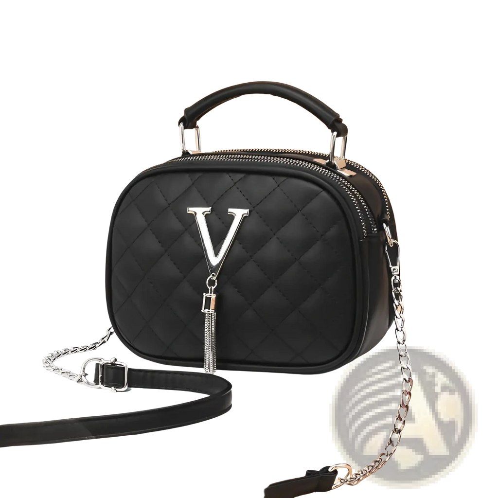 Black quilted handbag with silver v emblem and chain strap featuring silver hardware for elegant use