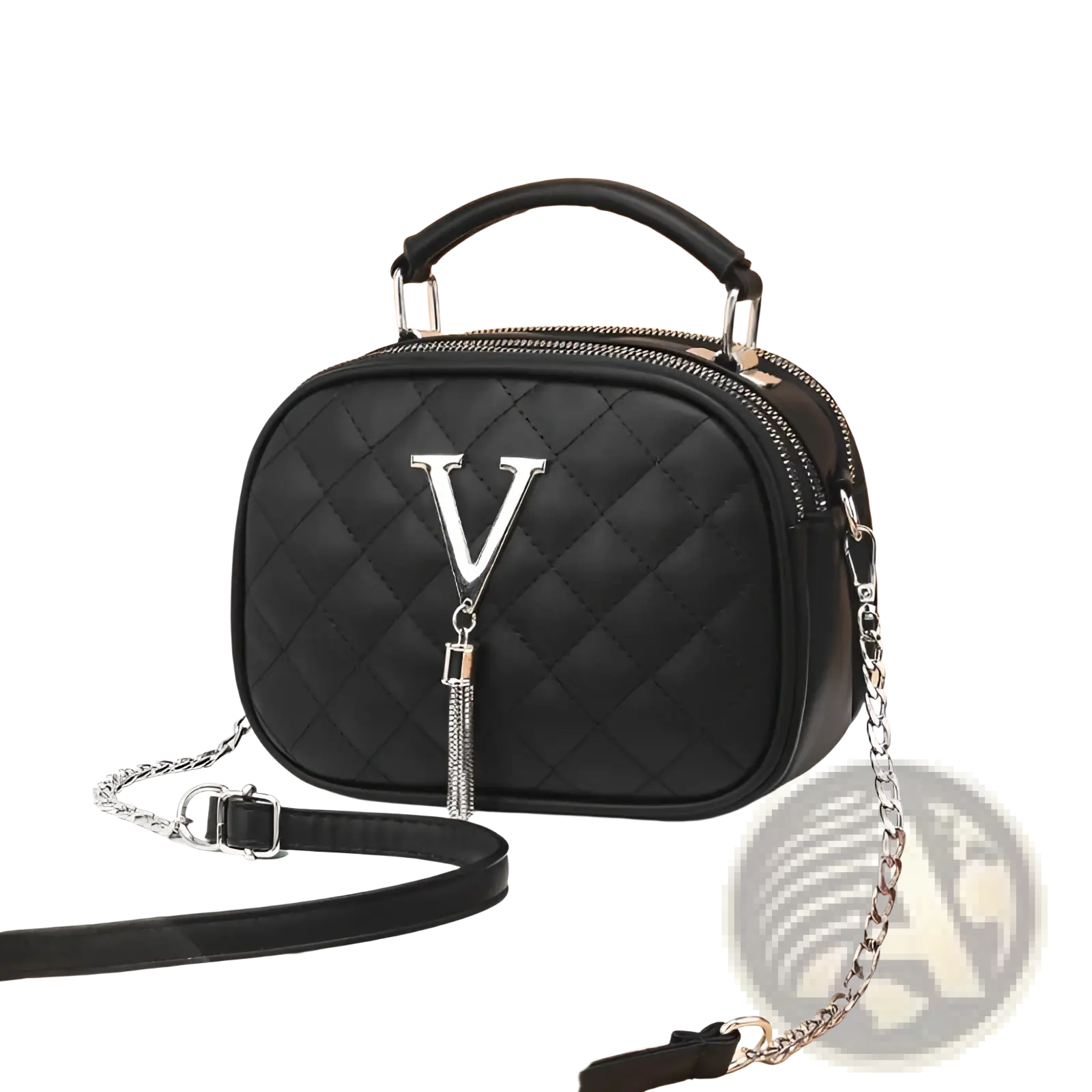 Black quilted handbag with silver v emblem and chain strap featuring silver hardware for elegant use