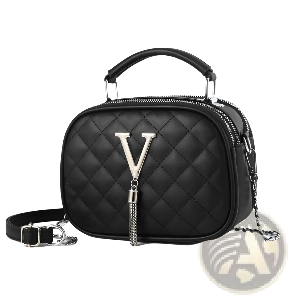 Black quilted handbag with silver v logo and chain strap featuring silver hardware for elegant style