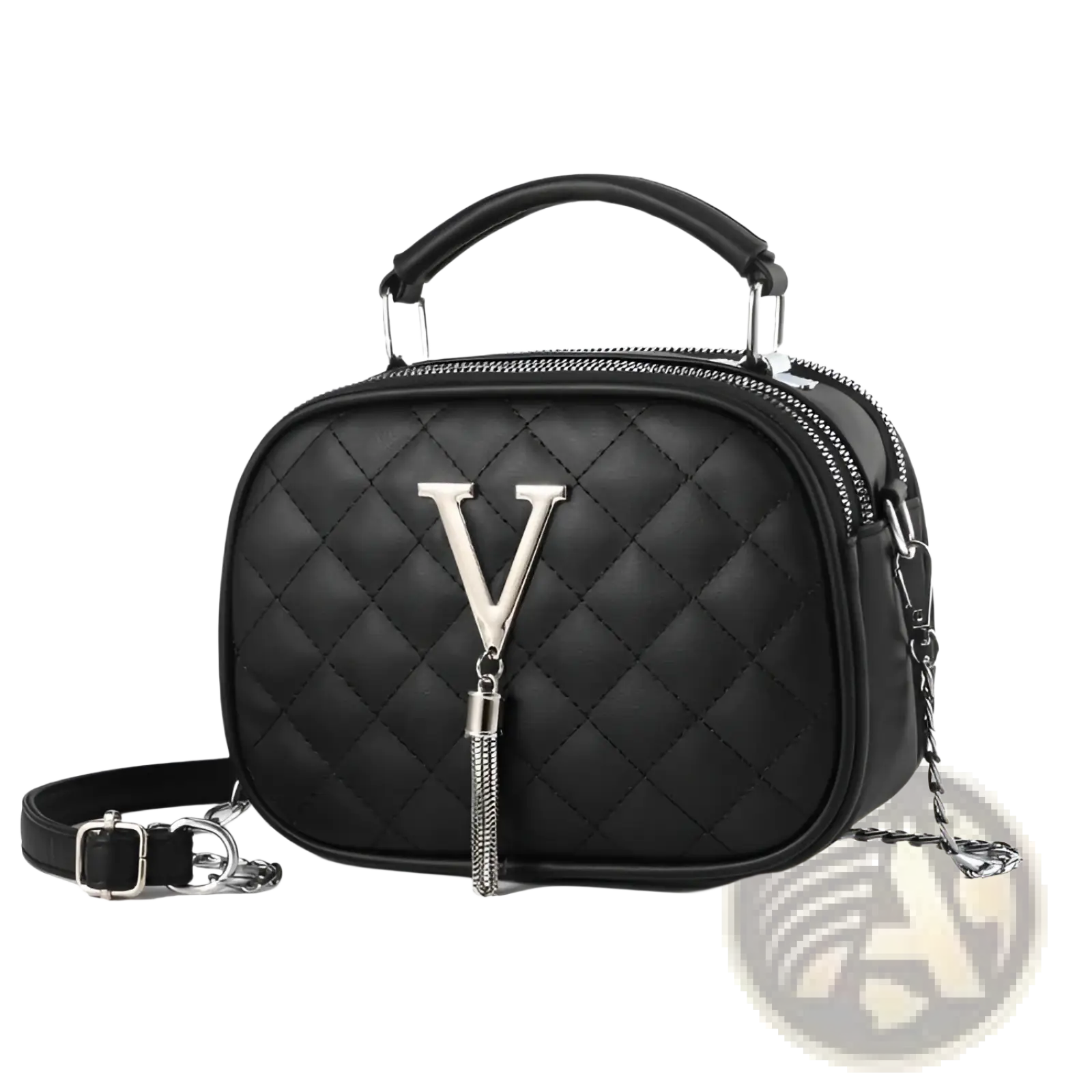 Black quilted handbag with silver v logo and chain strap featuring silver hardware for elegant style