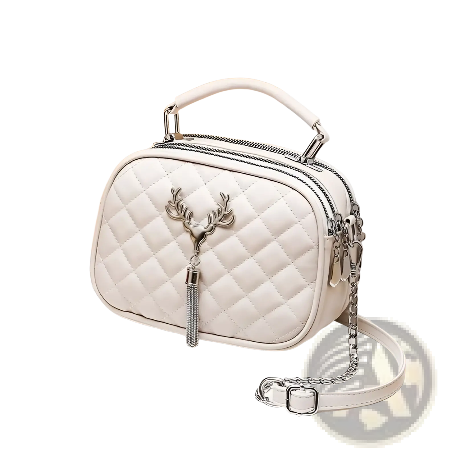 A white quilted handbag with a silver deer head clasp and chain strap featuring silver hardware