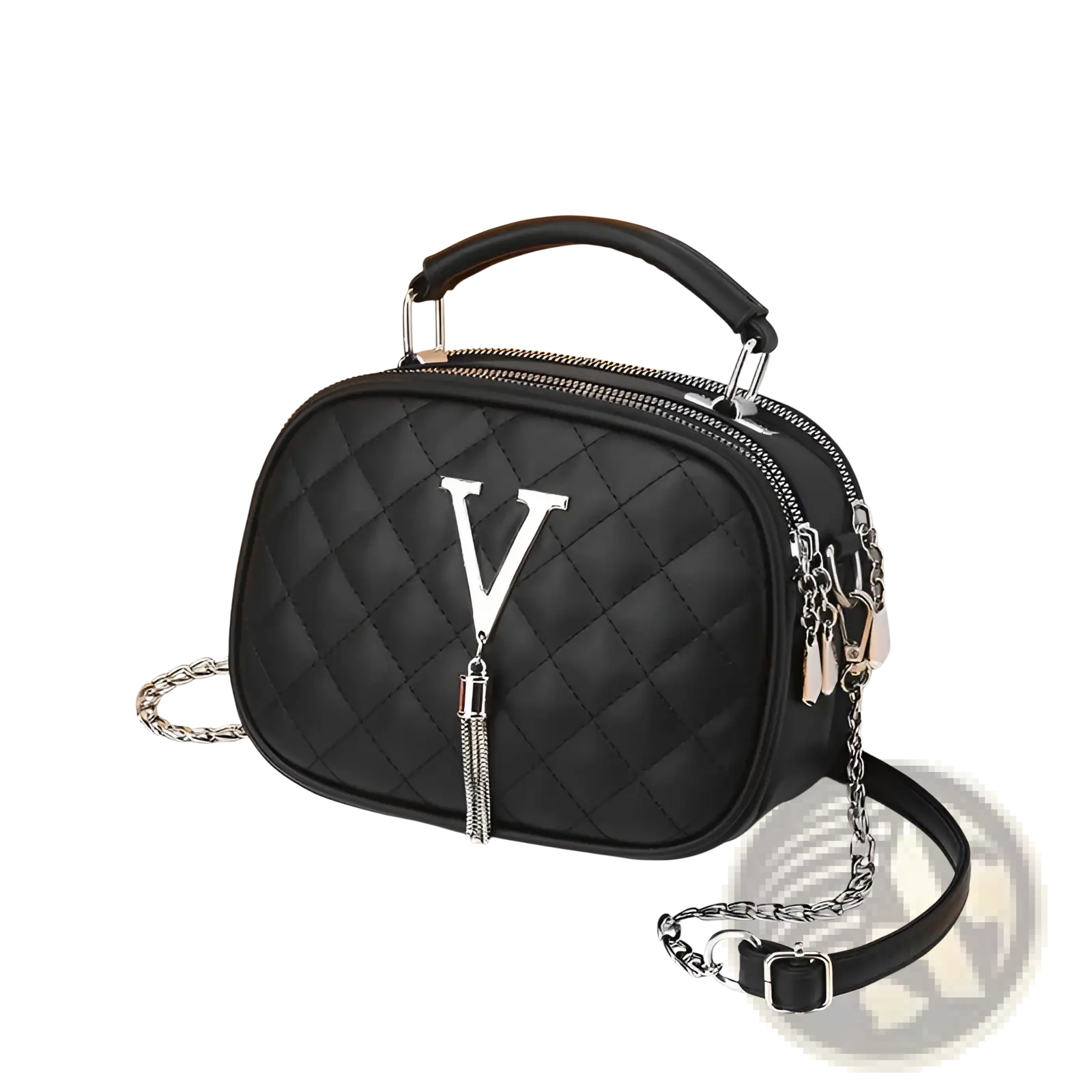 Black quilted handbag with silver v logo and chain strap featuring silver hardware for elegant style
