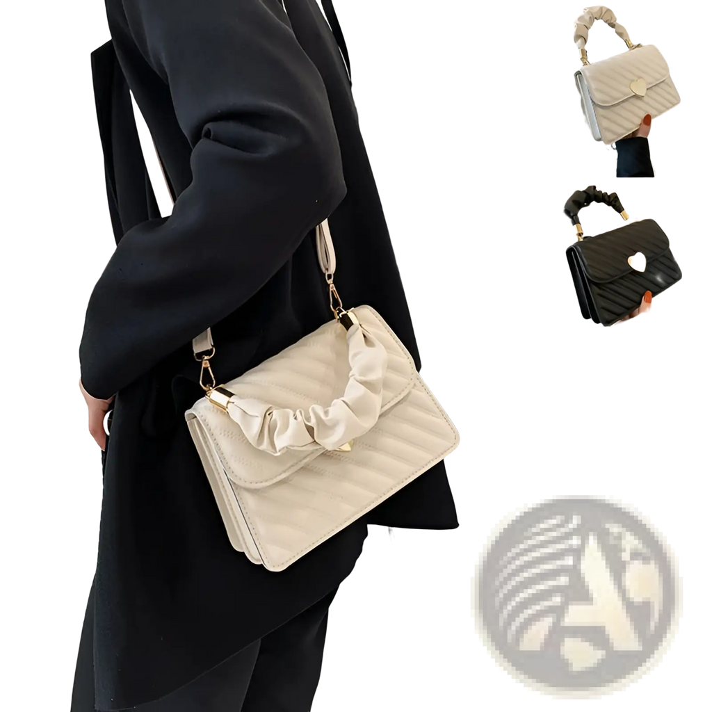 Cream-colored quilted crossbody bag with ruched top handle and gold-tone hardware for stylish wear