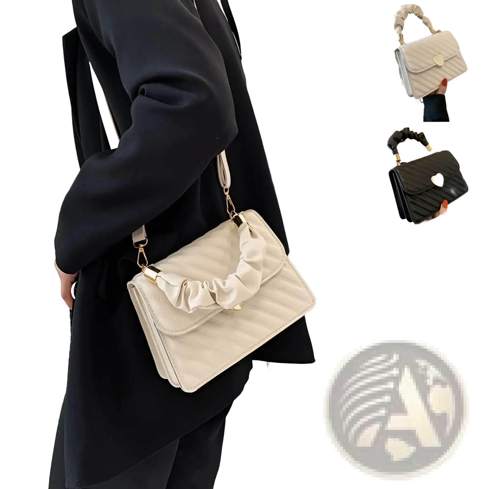 Cream-colored quilted crossbody bag with ruched top handle and gold-tone hardware for stylish wear