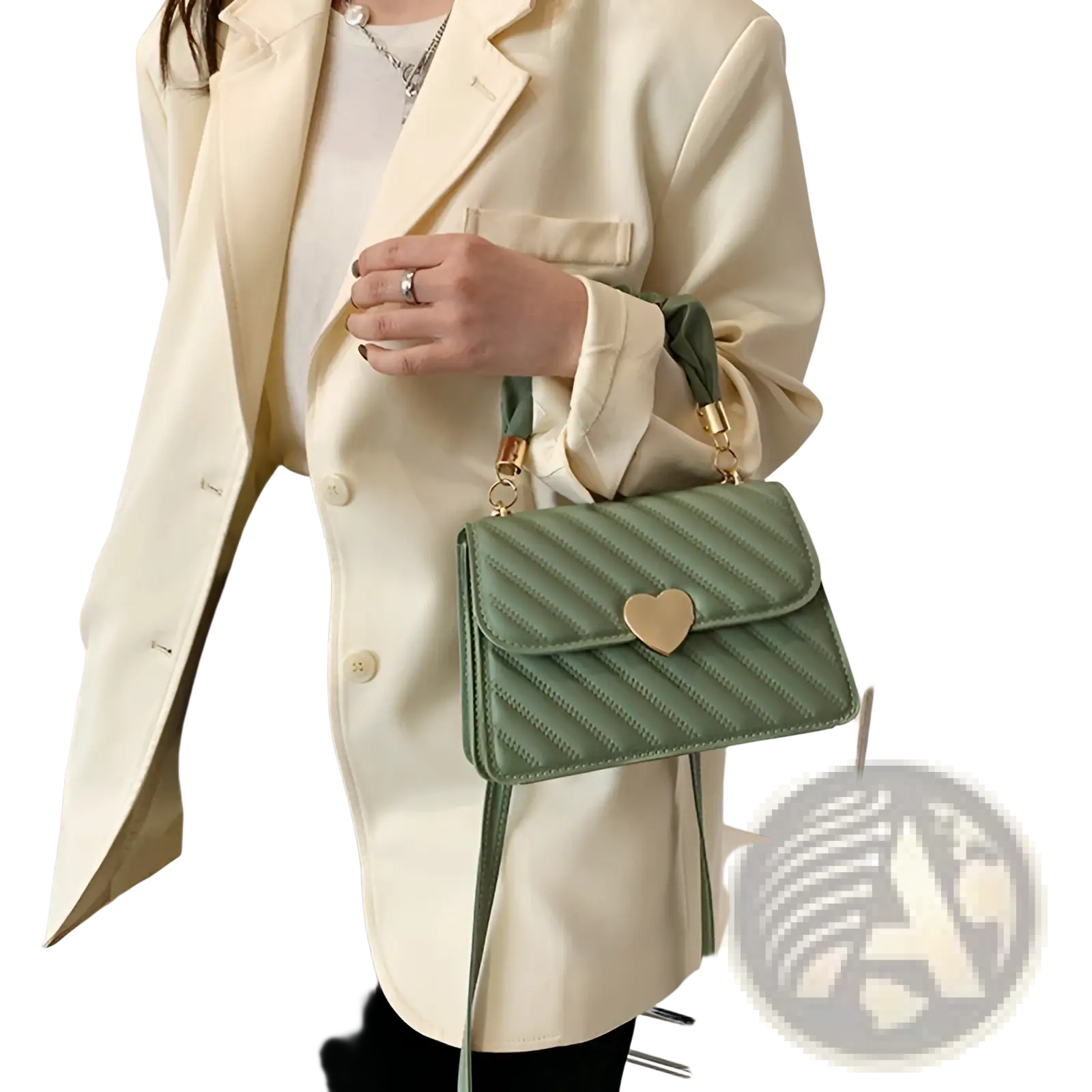 A sage green quilted crossbody bag with a gold heart clasp and matching shoulder strap with ruched handle