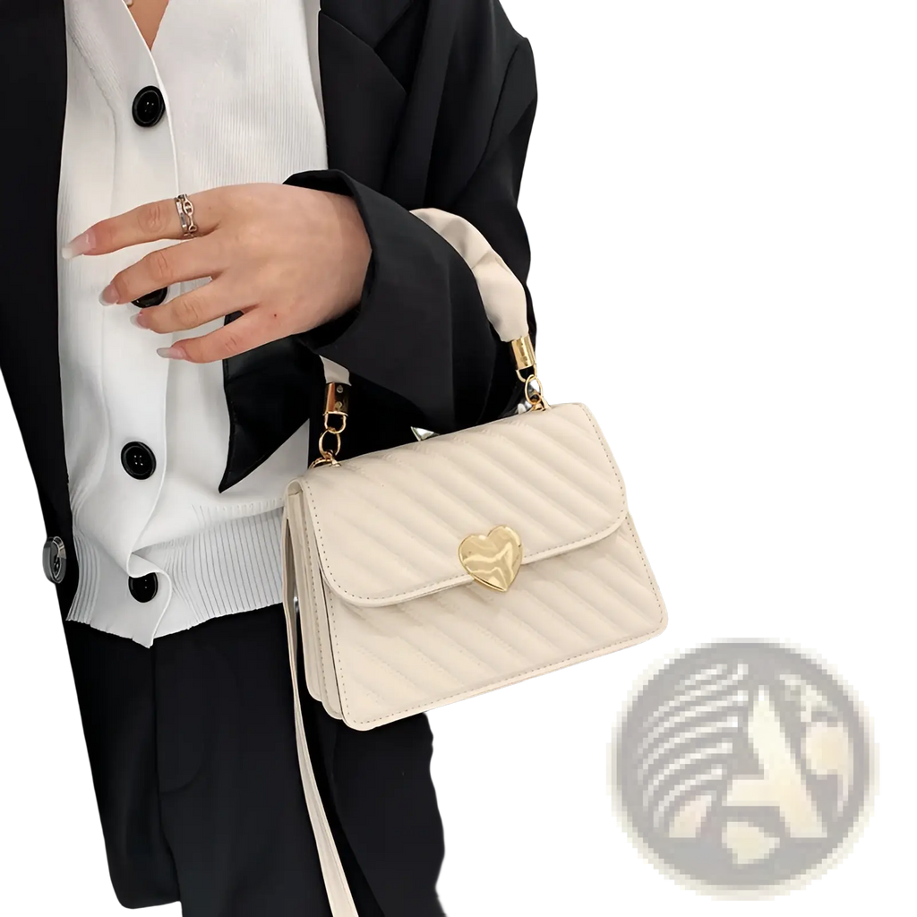 Cream-colored quilted crossbody bag with ruched handle and gold heart-shaped clasp for stylish everyday use