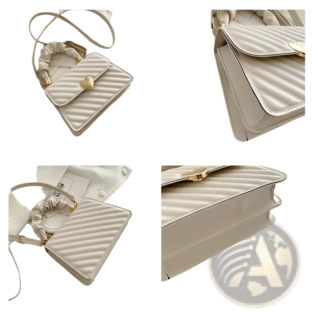 Cream-colored quilted crossbody bag with gold-tone heart-shaped clasp and adjustable strap featuring ruched handle