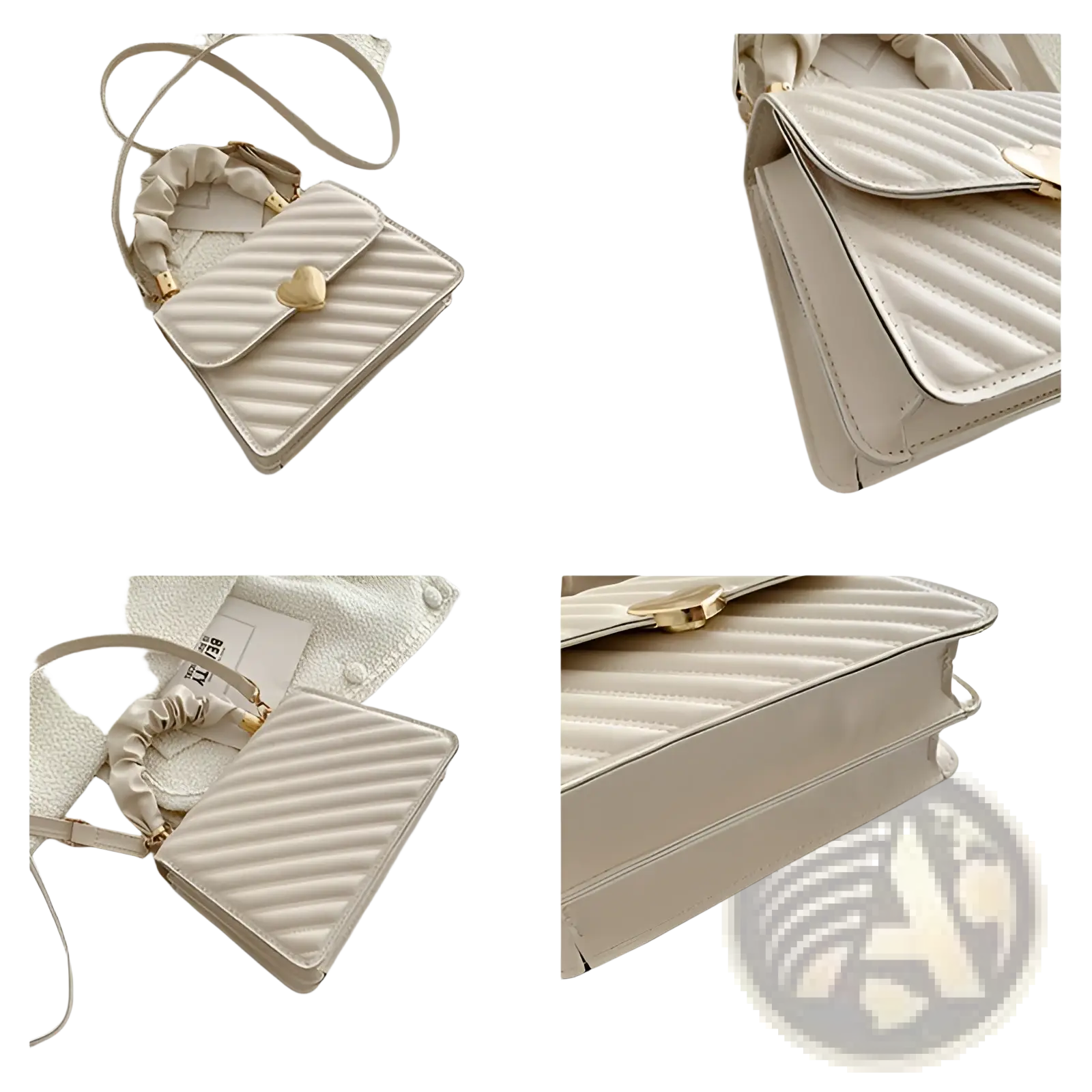 Cream-colored quilted crossbody bag with gold-tone heart-shaped clasp and adjustable strap featuring ruched handle