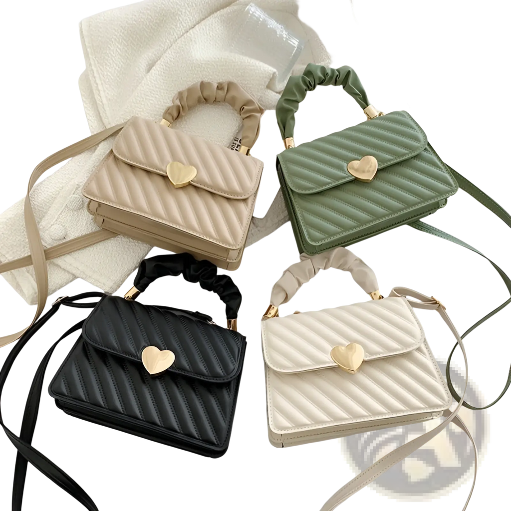 Quilted heart clasp crossbody bag in beige with ruched top handle and gold heart shaped clasp