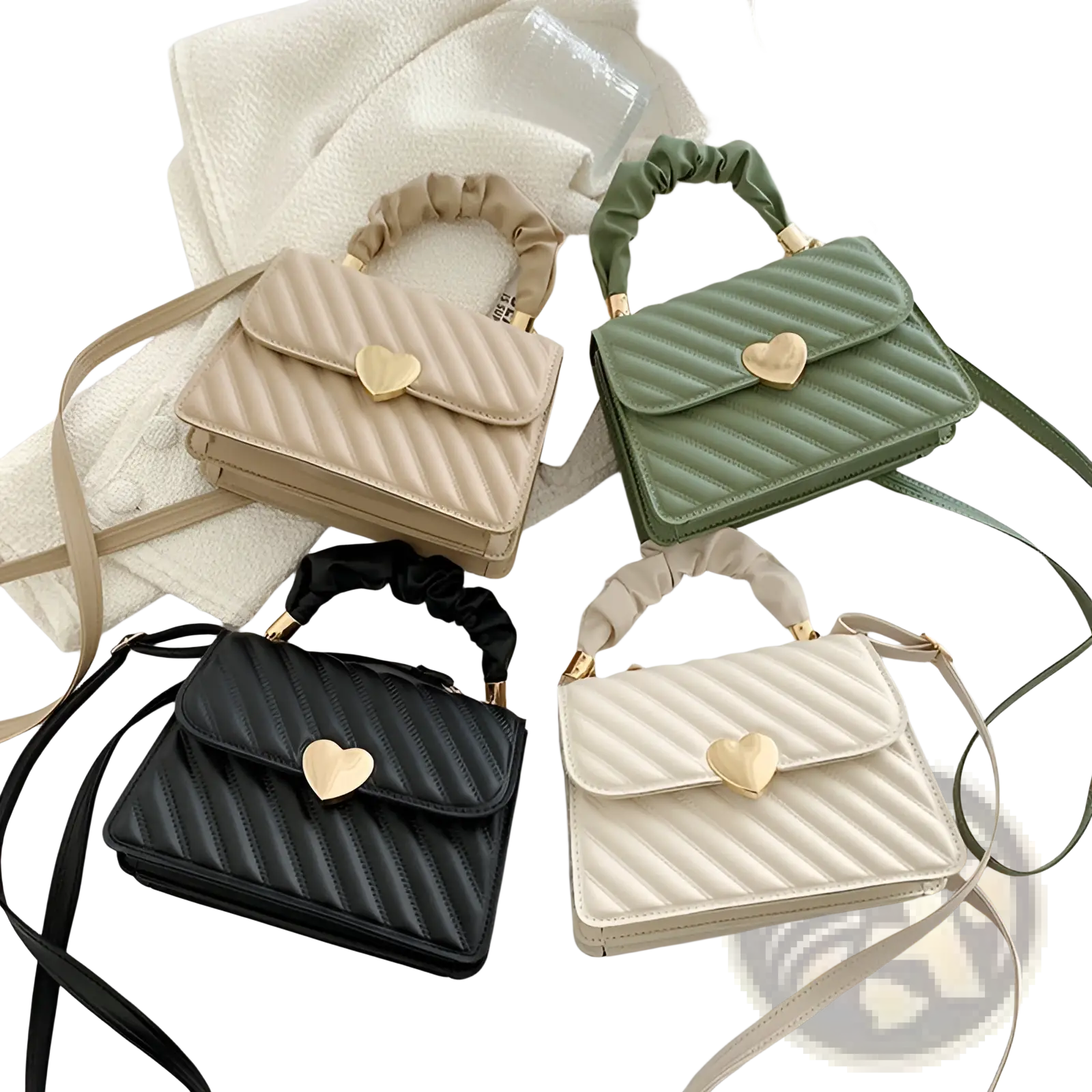 Quilted heart clasp crossbody bag in beige with ruched top handle and gold heart shaped clasp