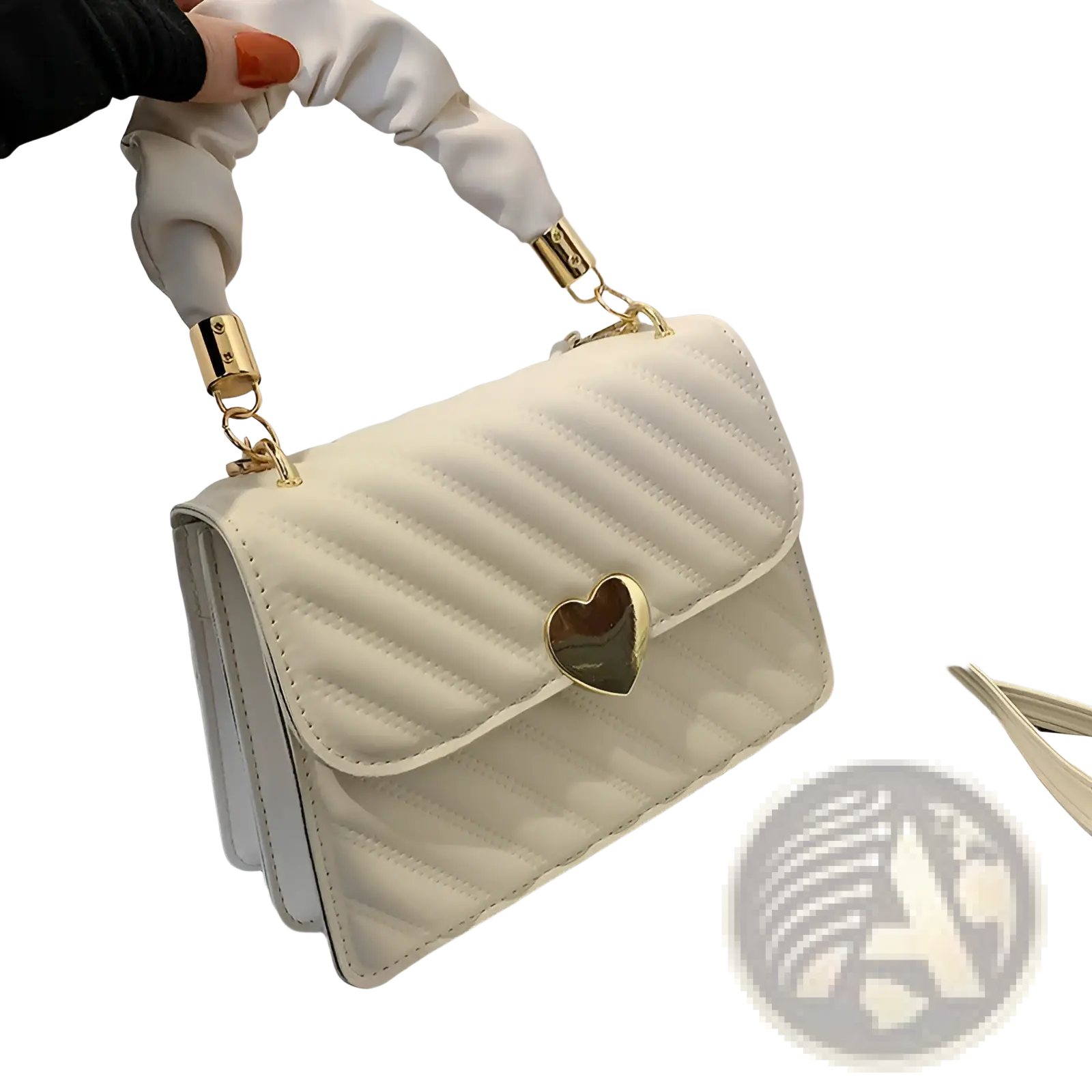 A white quilted crossbody bag with a gold heart clasp and ruched handle crafted from soft leather