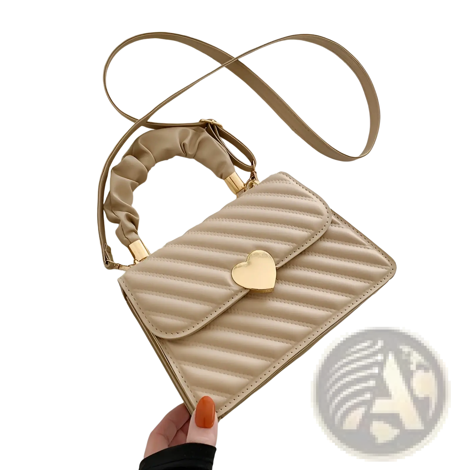 Beige quilted crossbody bag with gold heart-shaped clasp and matching adjustable strap featuring ruched handle