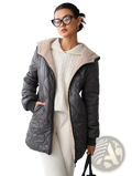 Dark gray quilted hooded padded winter coat with plush beige fleece-lined hood for cold weather use