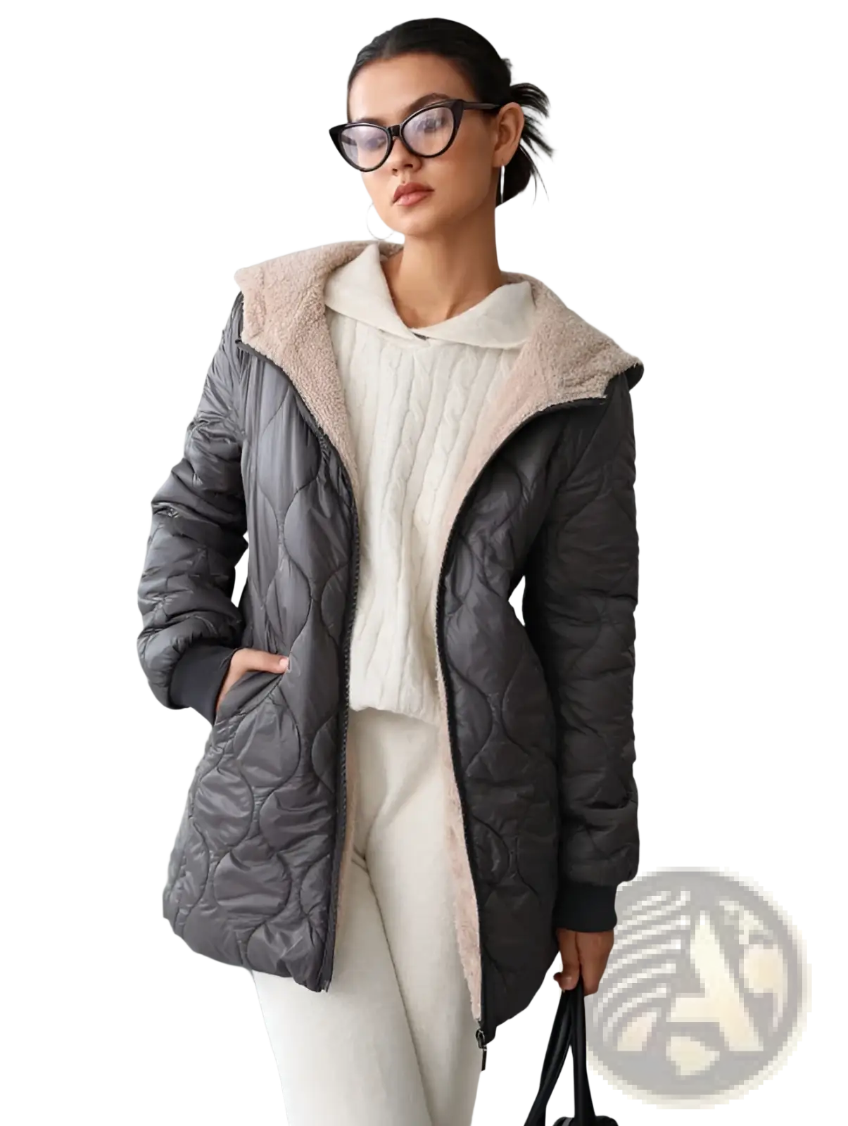 Dark gray quilted hooded padded winter coat with plush beige fleece-lined hood for cold weather use