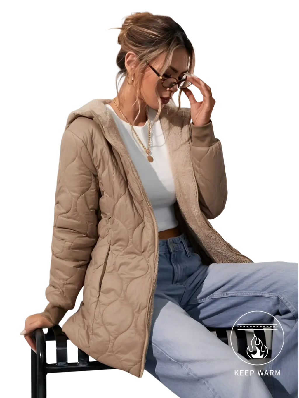 Beige quilted hooded padded winter coat with a soft texture and subtle stitching details for cold weather